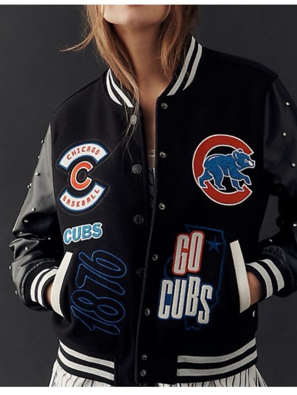 Wild Collective Anthropologie Chicago Cubs Black Varsity Jacket with Patches